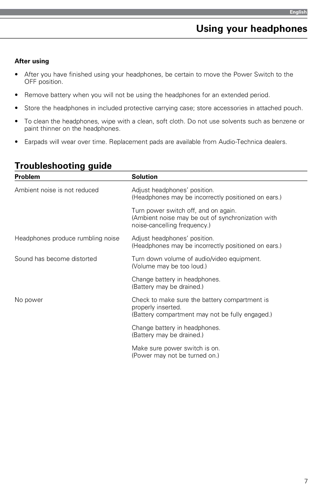 Audio-Technica ATH-ANC9 instruction manual After using, Problem Solution 