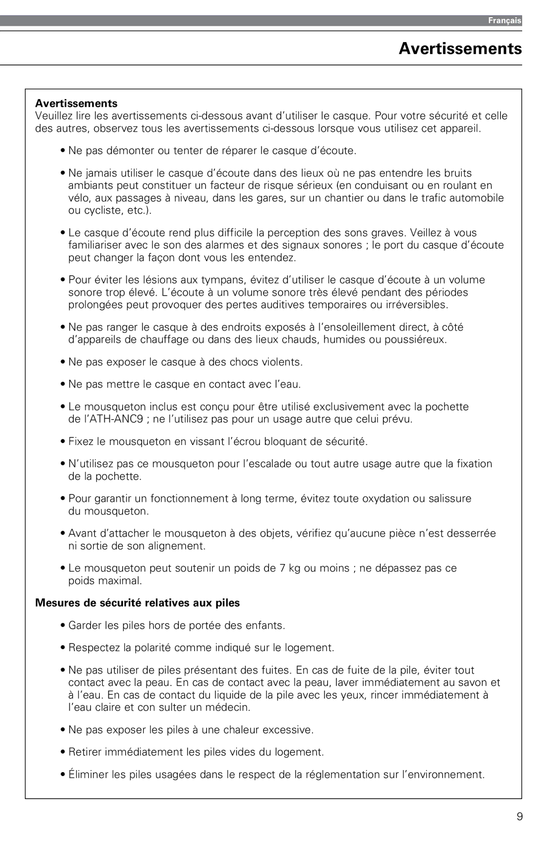 Audio-Technica ATH-ANC9 instruction manual Avertissements, Mesures de sécurité relatives aux piles 