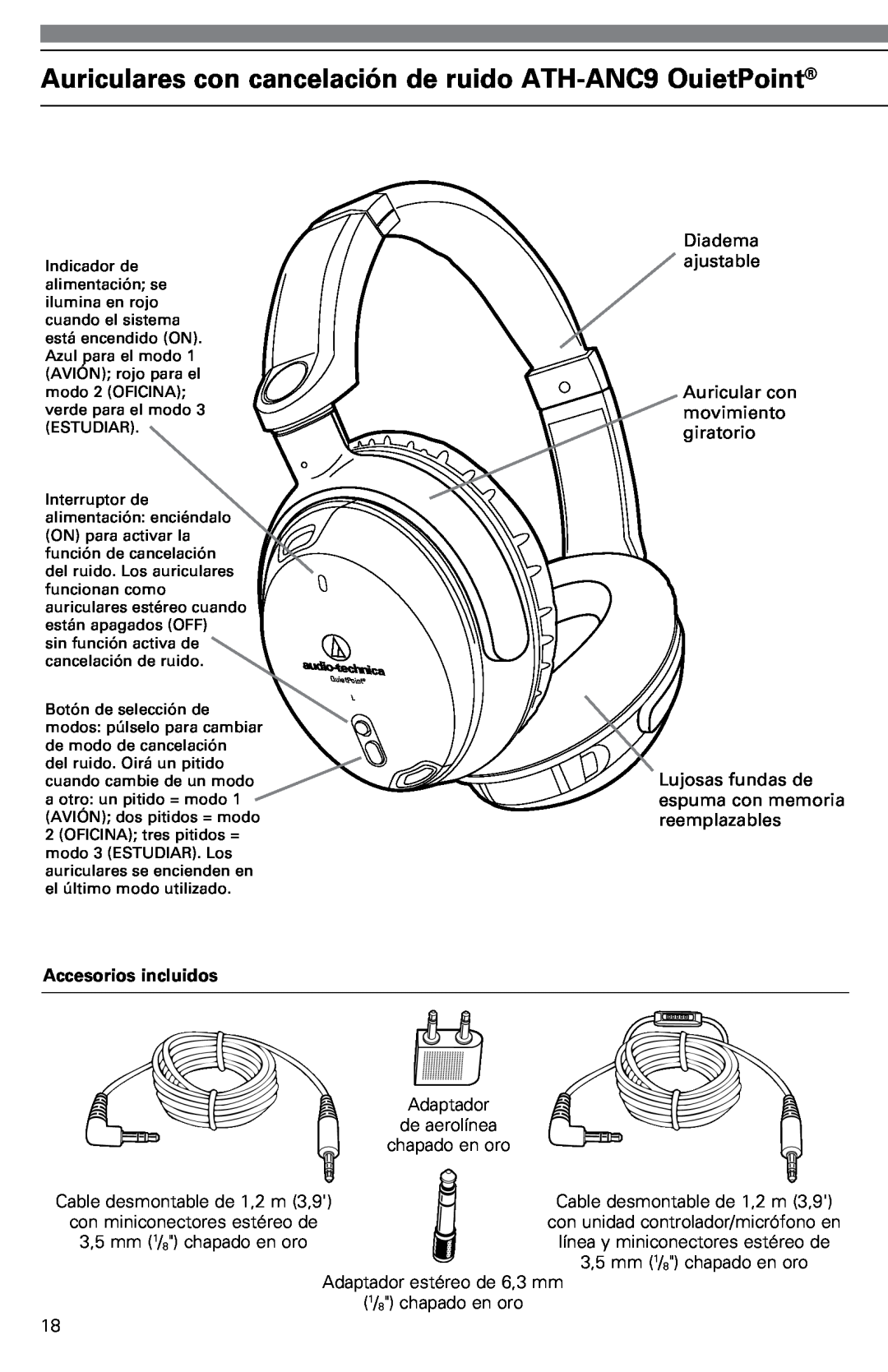 Audio-Technica ATH-ANC9 instruction manual Accesorios incluidos, Diadema ajustable, Auricular con movimiento giratorio 