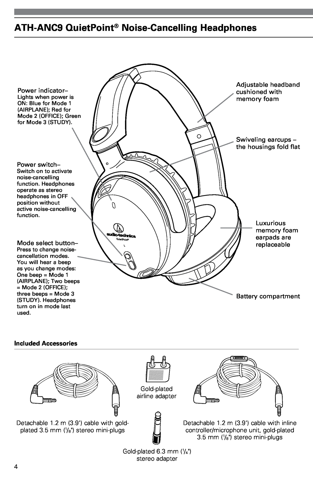 Audio-Technica instruction manual ATH-ANC9QuietPoint Noise-CancellingHeadphones, Included Accessories 
