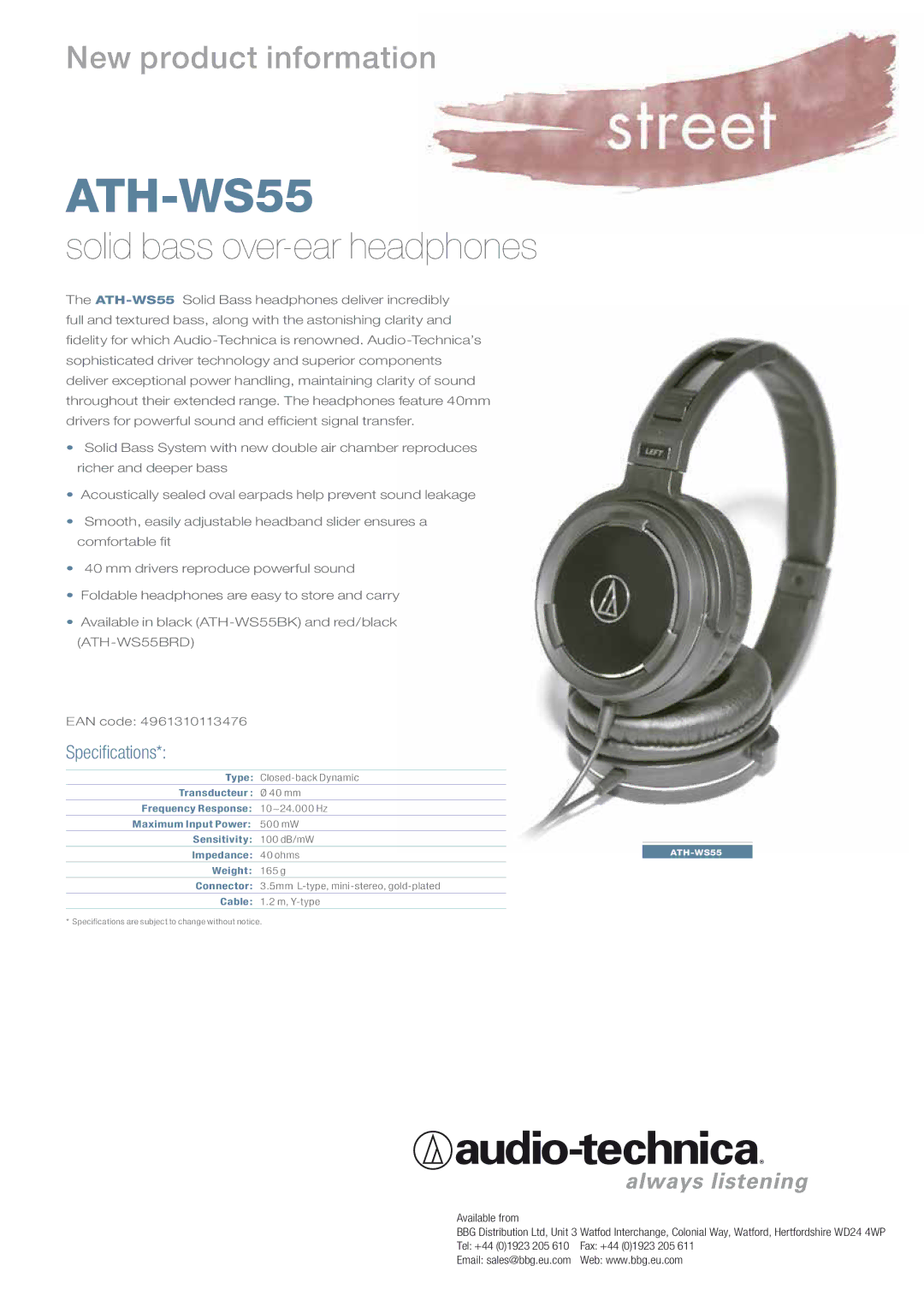 Audio-Technica ATH-WS55BK specifications Solid bass over-ear headphones, Speciﬁcations 