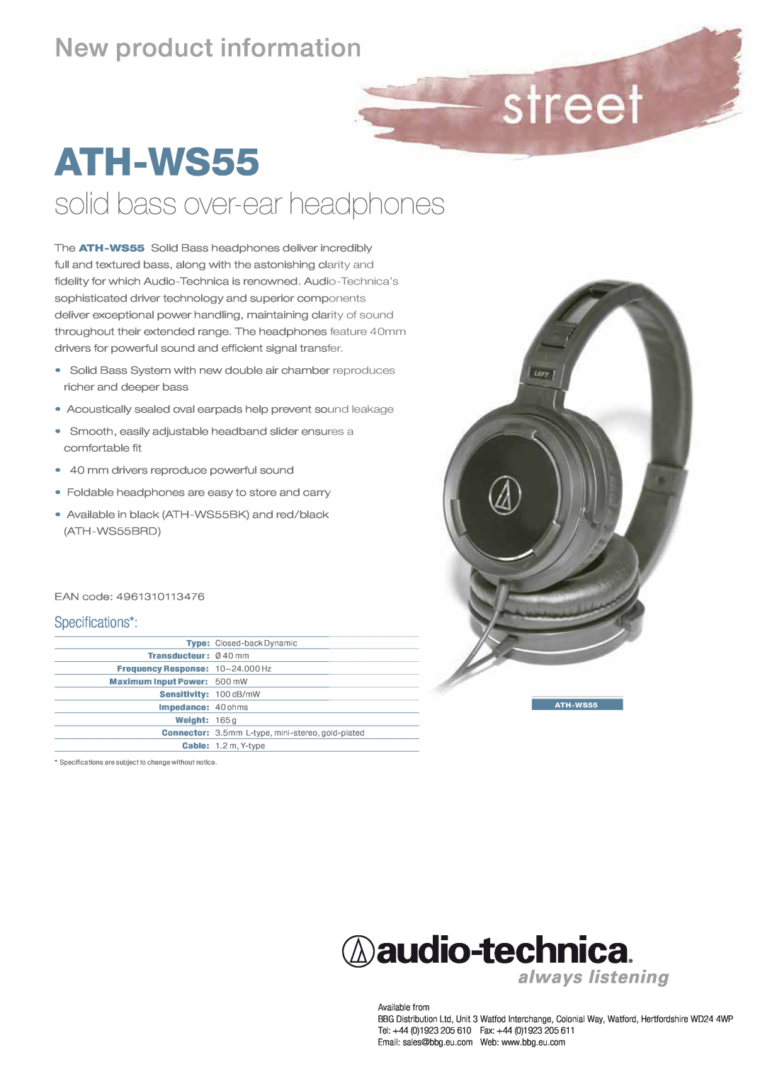 Audio-Technica ATH-WS55BK specifications solid bass over-earheadphones, New product information, Speciﬁcations 