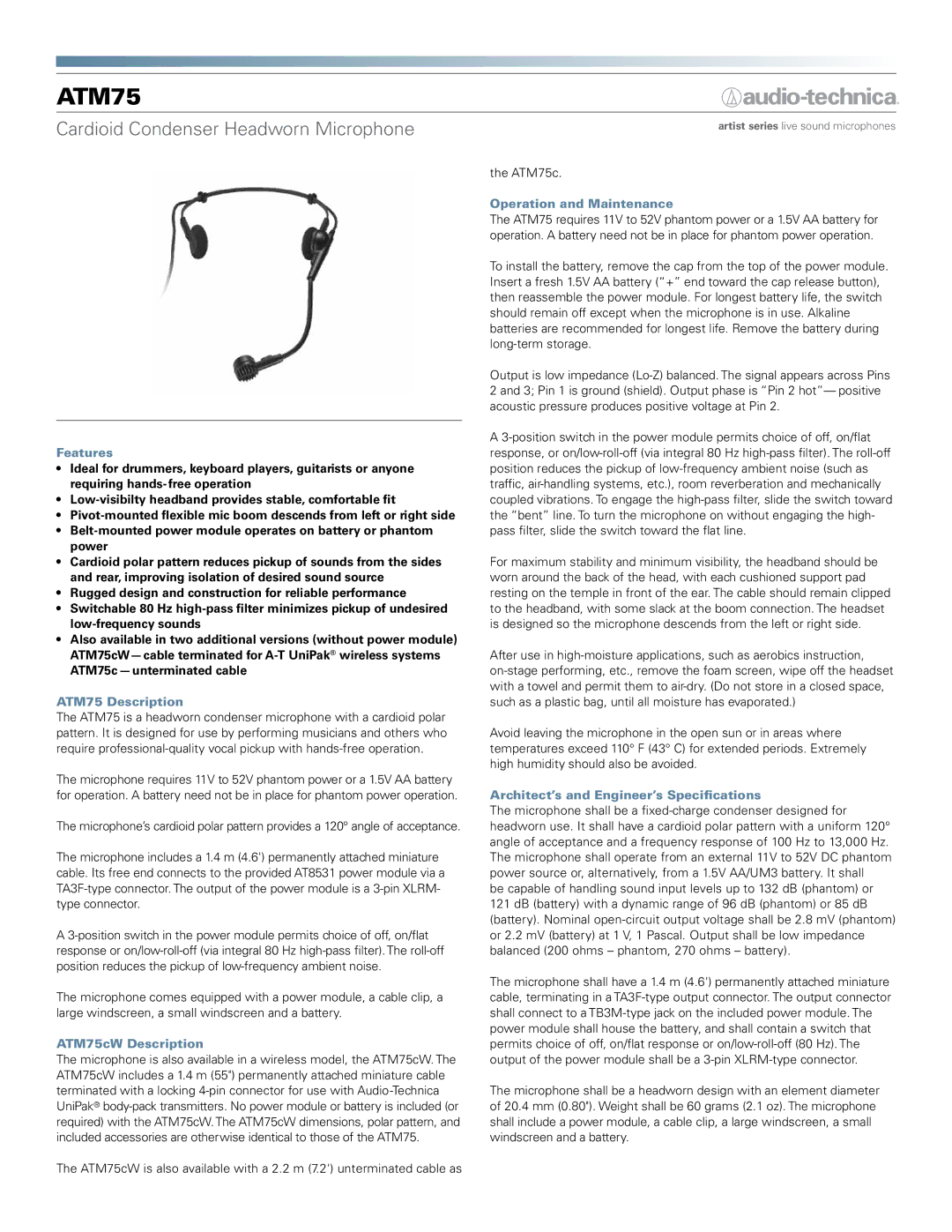 Audio-Technica dimensions Features, ATM75 Description, ATM75cW Description, Operation and Maintenance 