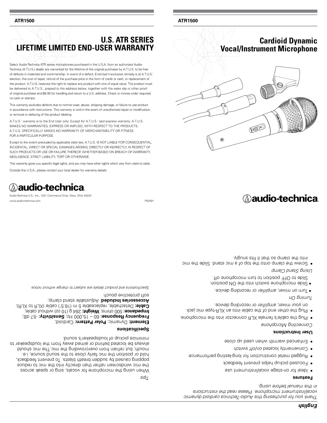 Audio-Technica ATR1500 warranty Response Frequency, Sensitivity, ElementDynamicPattern Polar, Features 