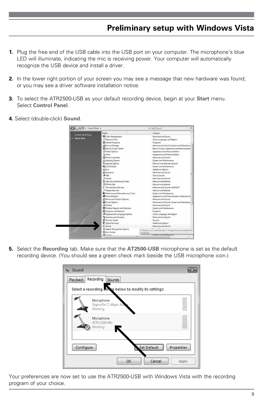 Audio-Technica ATR2500-USB instruction manual Preliminary setup with Windows Vista 