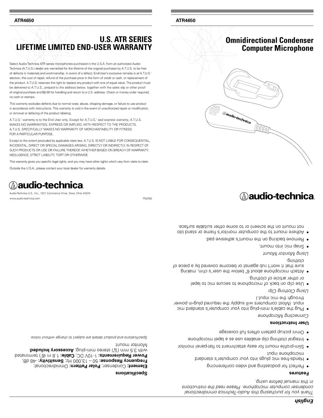 Audio-Technica ATR4650 warranty Clip Clothing Using, Microphone Connecting, Mount Monitor 