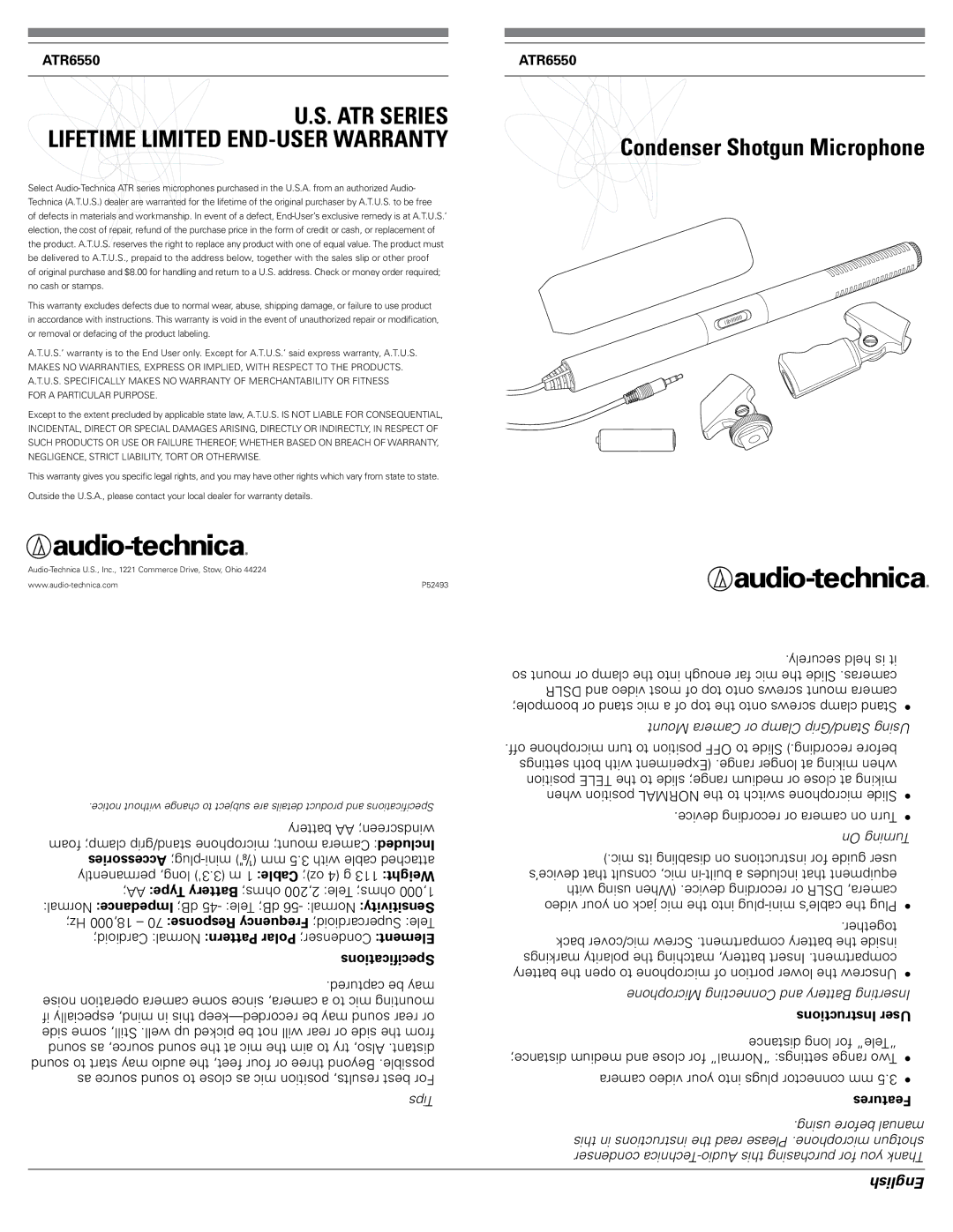 Audio-Technica ATR6550 warranty Specifications, Instructions User, Features 