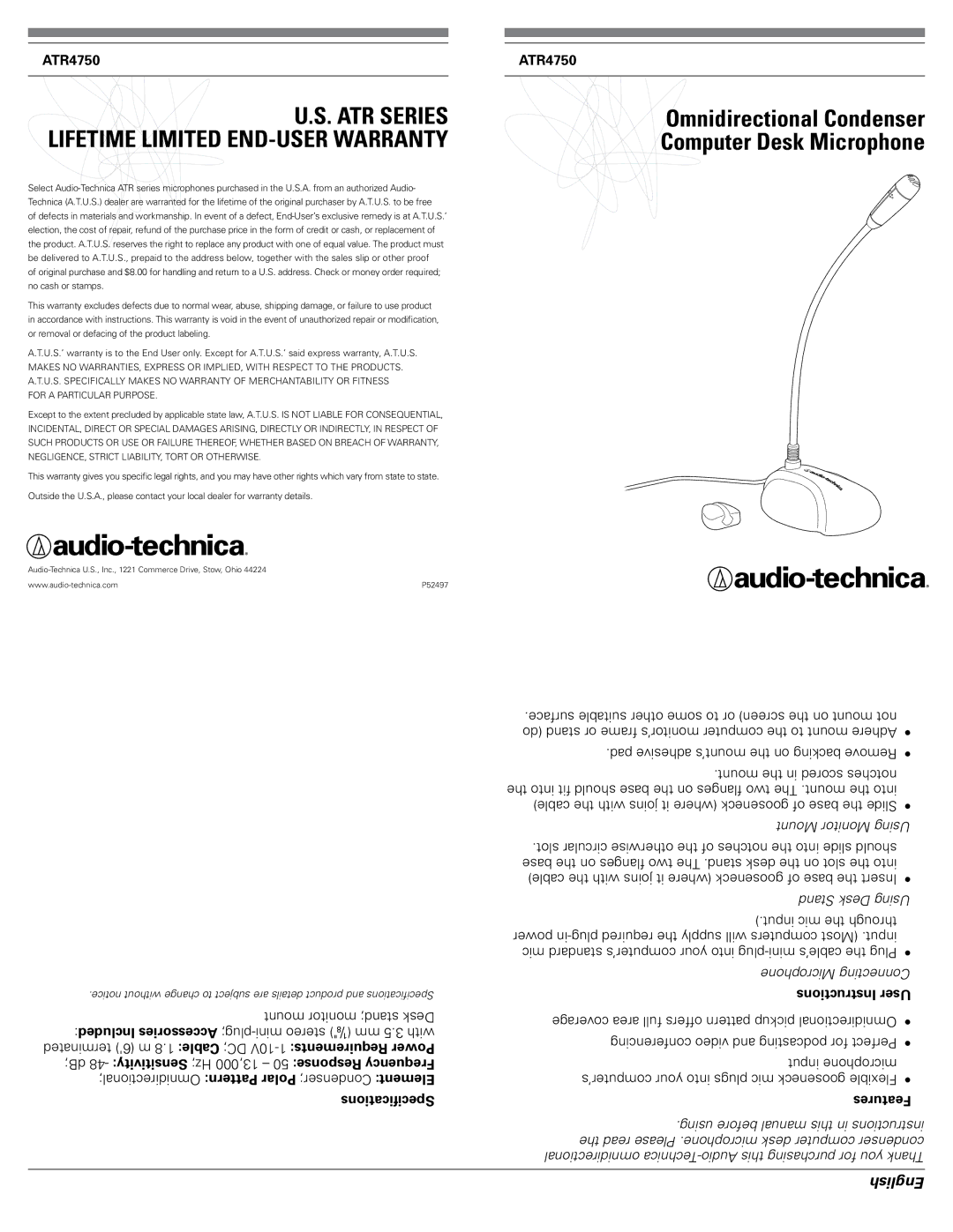 Audio-Technica atra750 warranty Instructions User, Requirements Power, Response Frequency, Sensitivity 