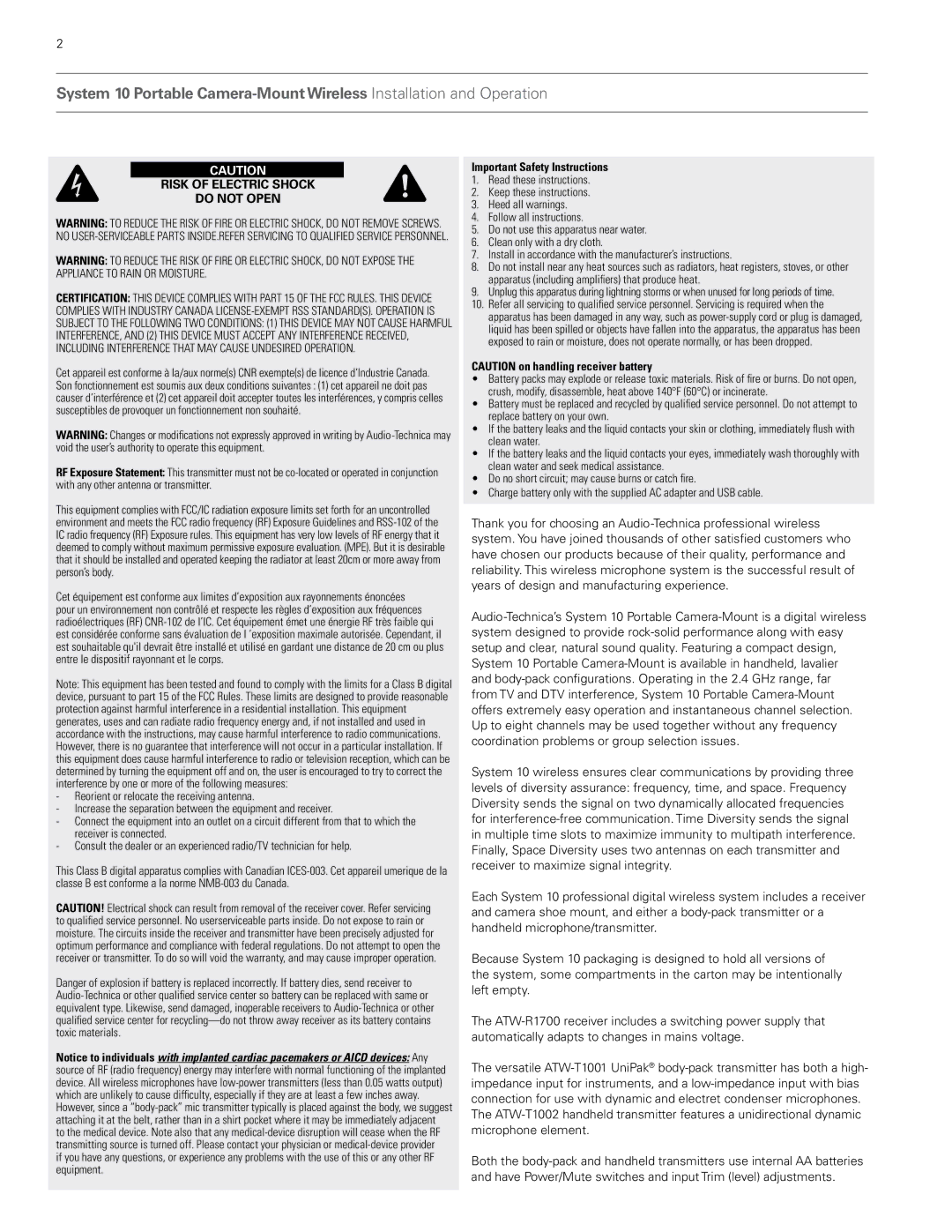 Audio-Technica atw-1701, atw1702 manual Risk of Electric Shock Do not Open 