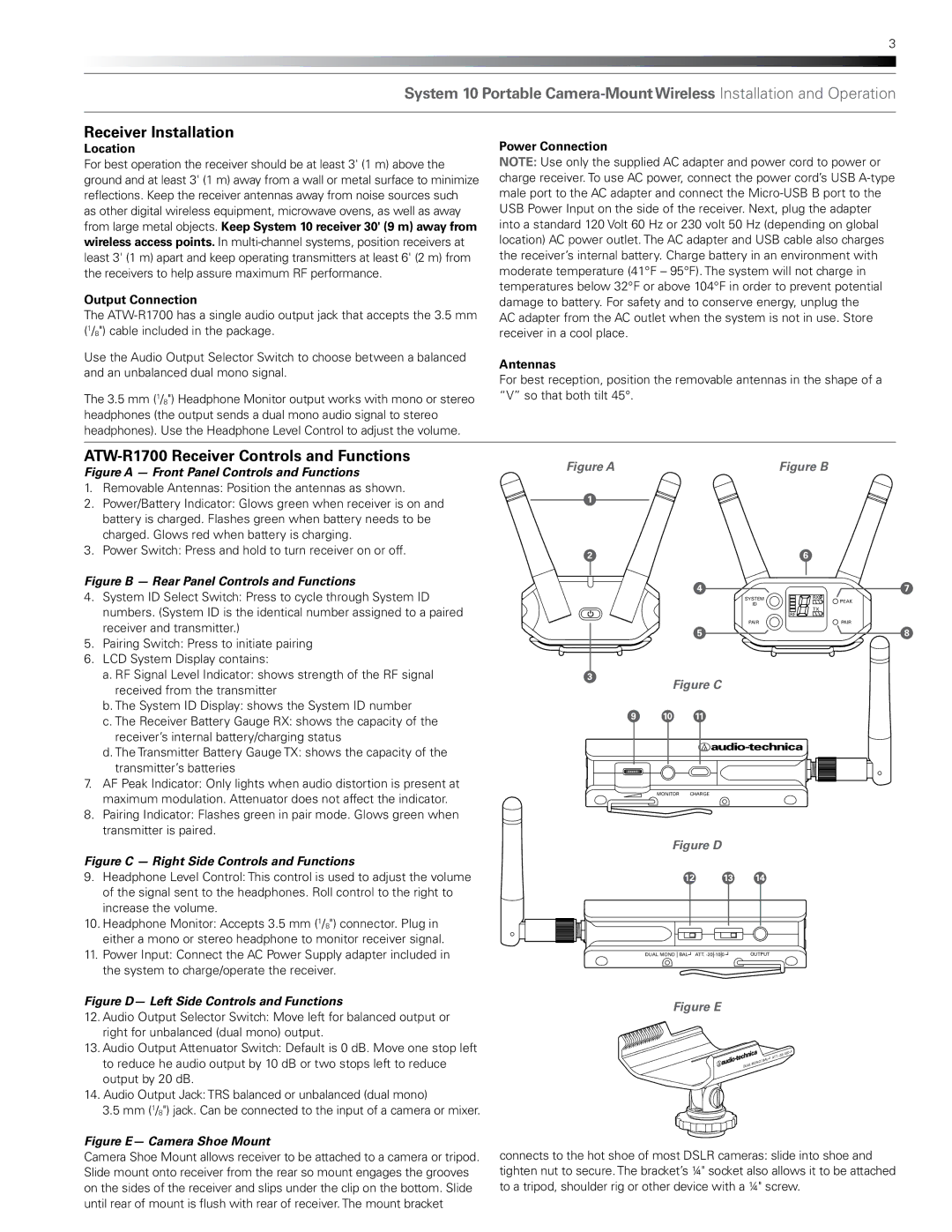 Audio-Technica atw1702, atw-1701 manual Receiver Installation, ATW-R1700 Receiver Controls and Functions 