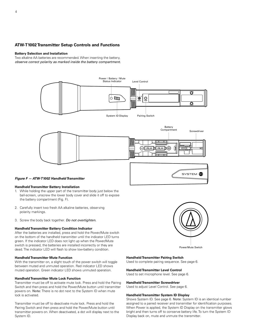 Audio-Technica atw-1701, atw1702 manual ATW-T1002 Transmitter Setup Controls and Functions 