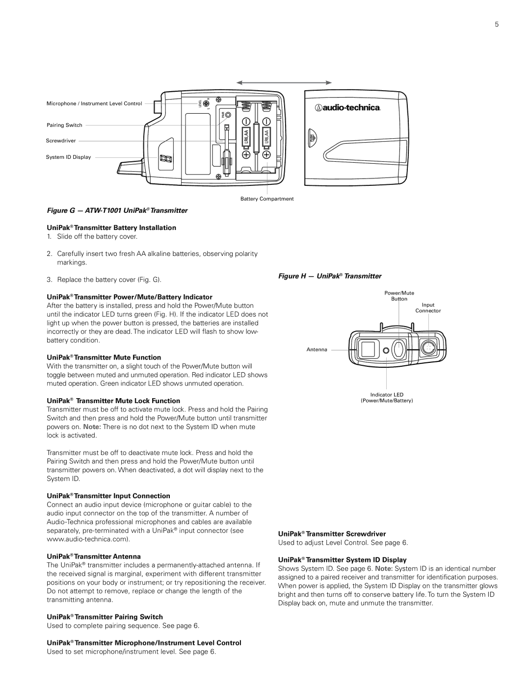 Audio-Technica atw1702, atw-1701 UniPak Transmitter Battery Installation, UniPak Transmitter Power/Mute/Battery Indicator 