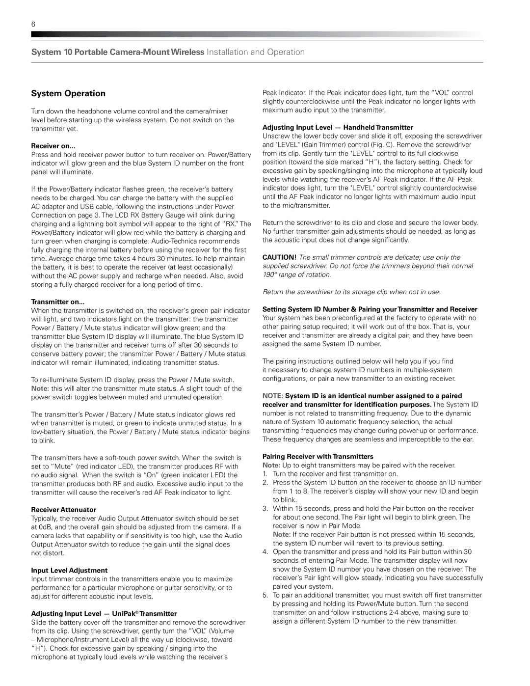 Audio-Technica atw-1701, atw1702 manual System Operation 