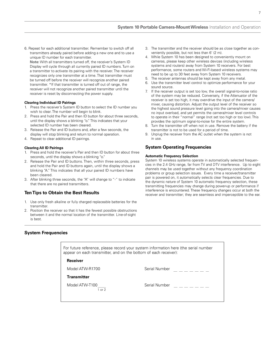 Audio-Technica atw1702, atw-1701 Ten Tips to Obtain the Best Results, System Operating Frequencies, System Frequencies 