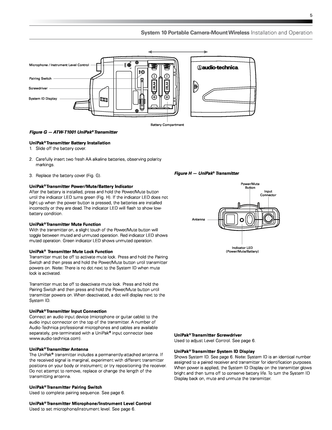 Audio-Technica atw1702, atw-1701 manual Figure G - ATW-T1001UniPak Transmitter, UniPak Transmitter Battery Installation 