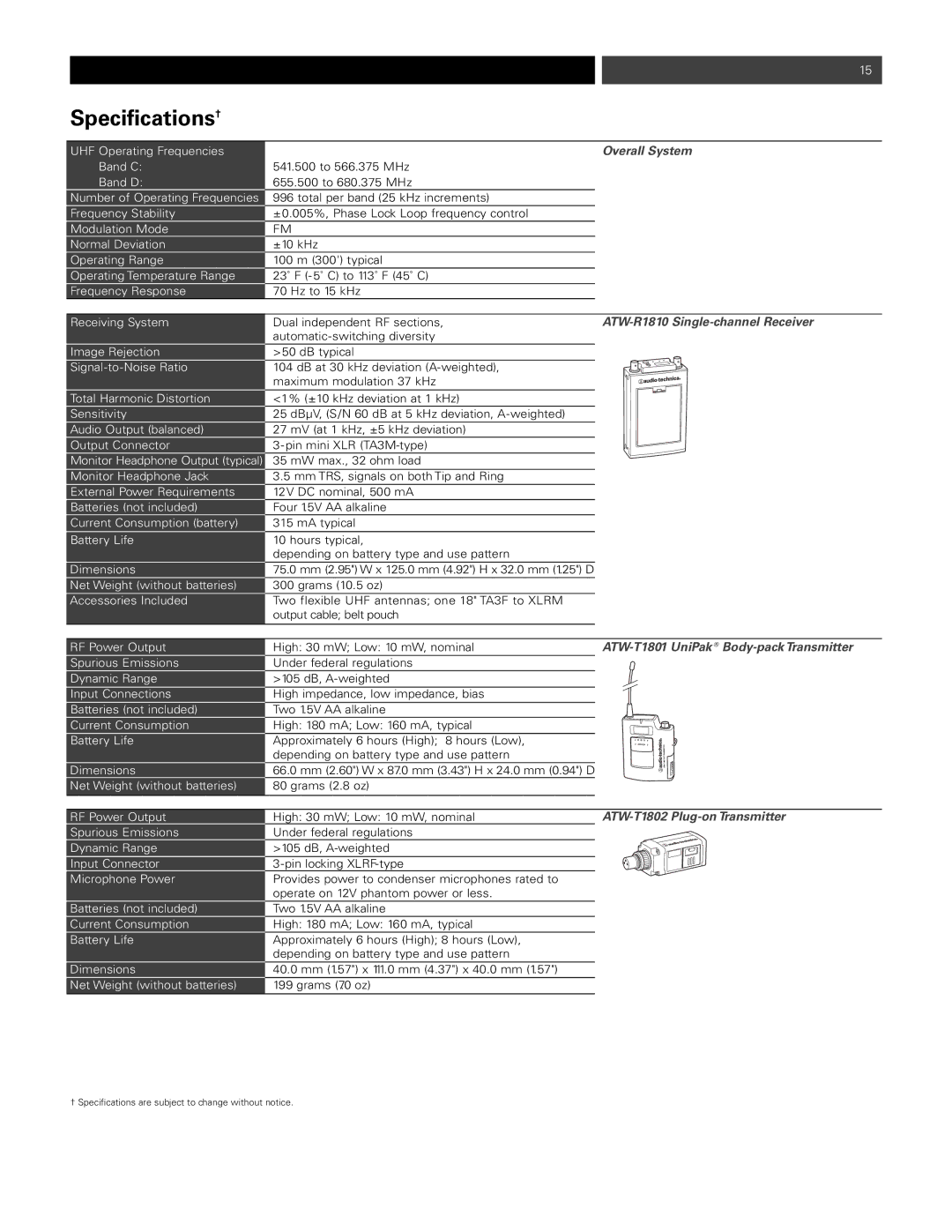 Audio-Technica ATW-1811 Specifications†, Overall System, ATW-R1810Single-channel Receiver, ATW-T1802 Plug-on Transmitter 