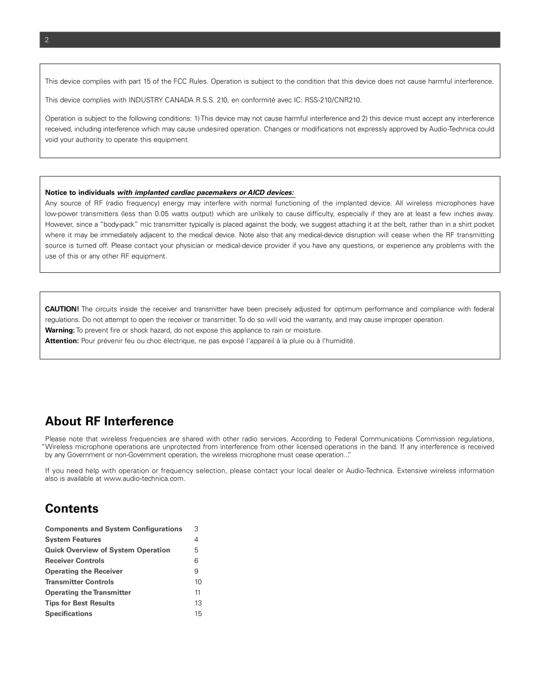 Audio-Technica ATW-1811 manual About RF Interference, Contents 