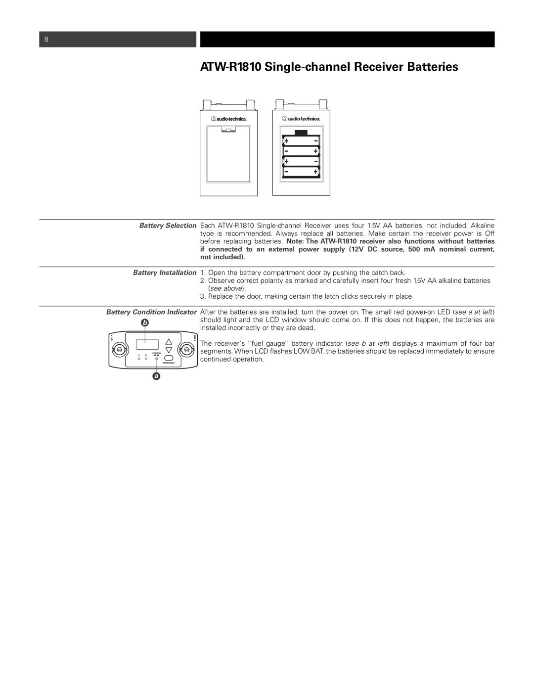 Audio-Technica ATW-1811 manual ATW-R1810 Single-channel Receiver Batteries 