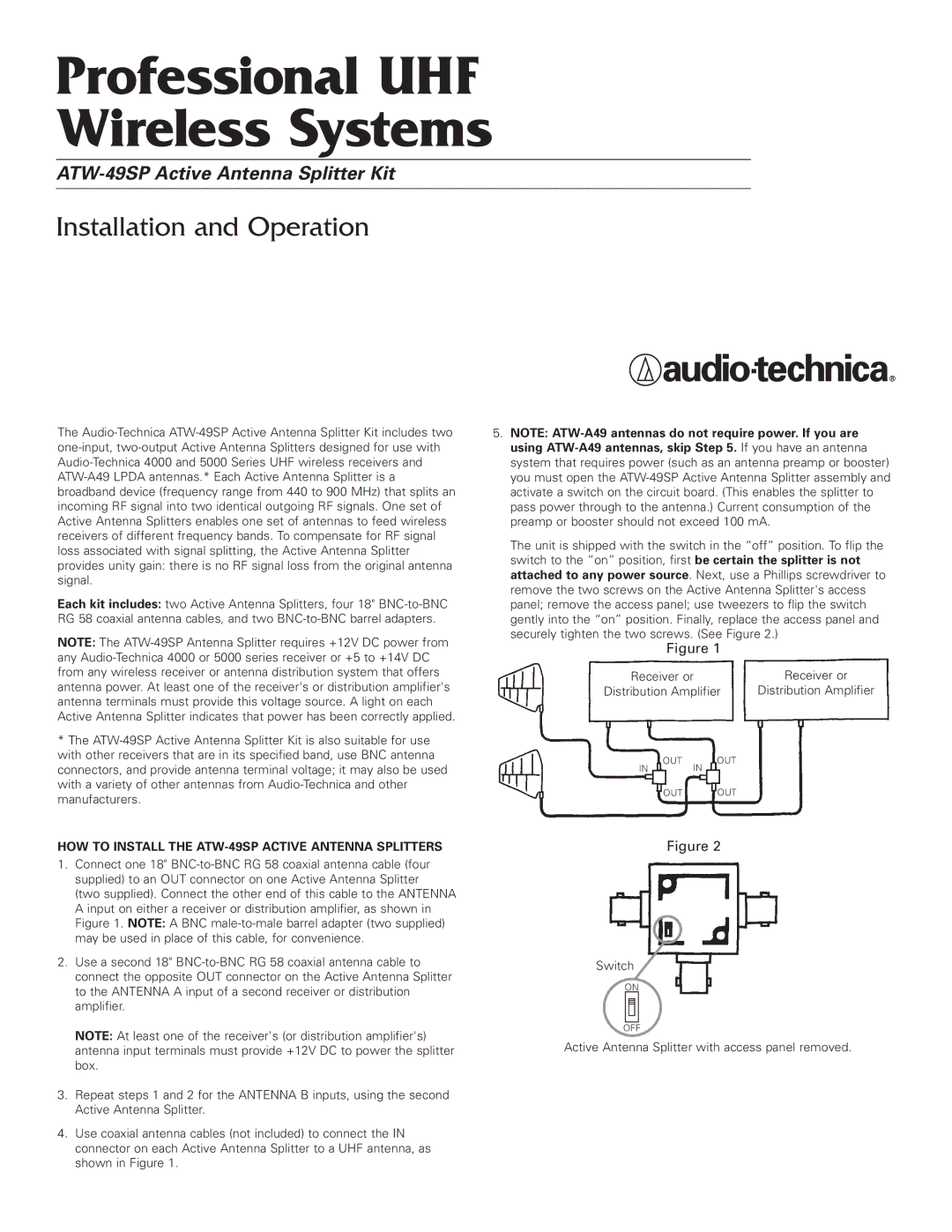 Audio-Technica ATW-49SP manual Professional UHF Wireless Systems, Installation and Operation 