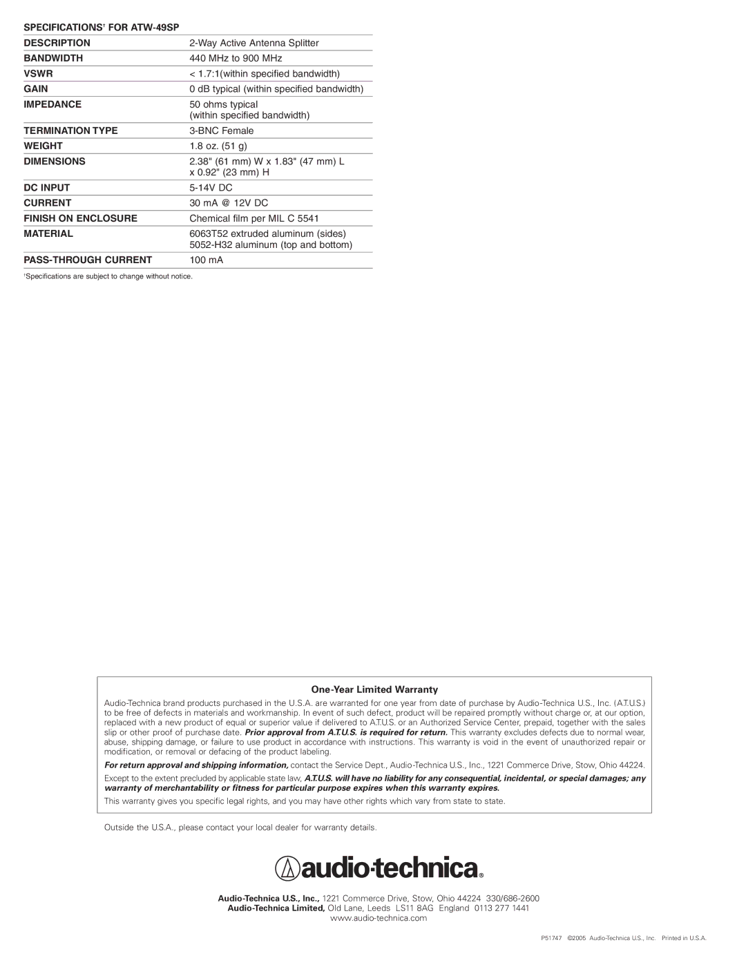 Audio-Technica SPECIFICATIONS† for ATW-49SP Description, Bandwidth, Vswr, Gain, Impedance, Termination Type, Weight 