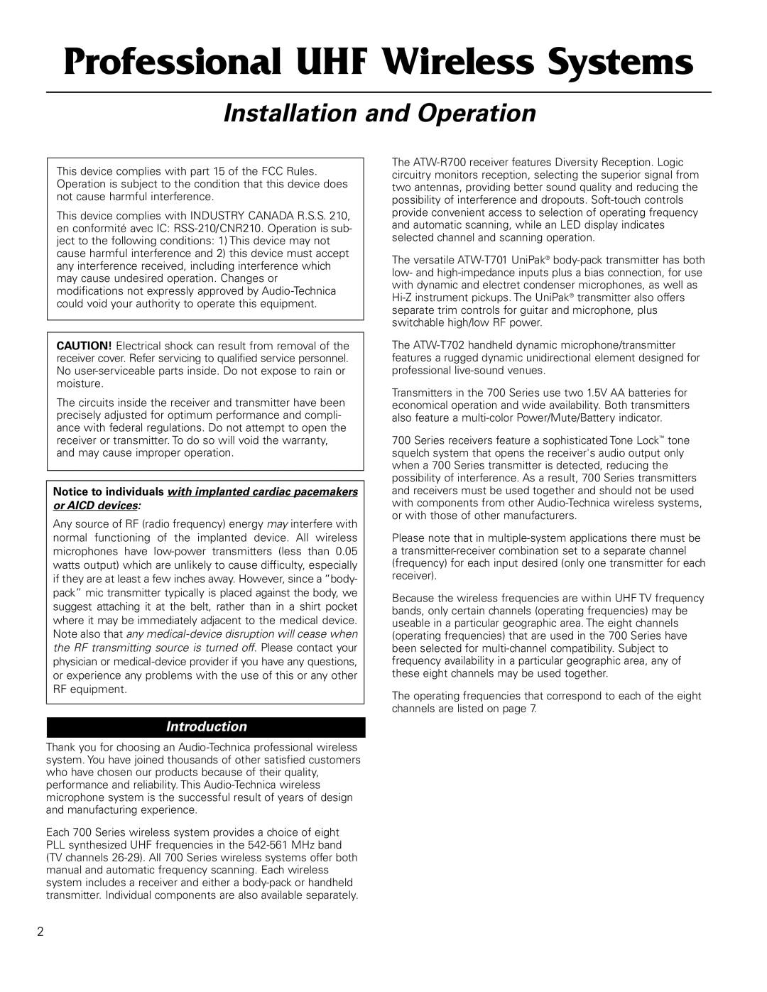 Audio-Technica ATW-702, ATW-701/G, ATW-701/H92, ATW-701/L manual Professional UHF Wireless Systems, Introduction 