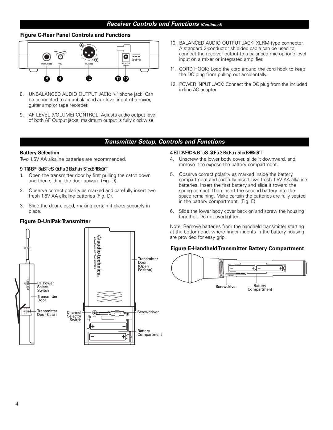 Audio-Technica ATW-701/H92, ATW-702, ATW-701/G, ATW-701/L manual Transmitter Setup, Controls and Functions, Battery Selection 