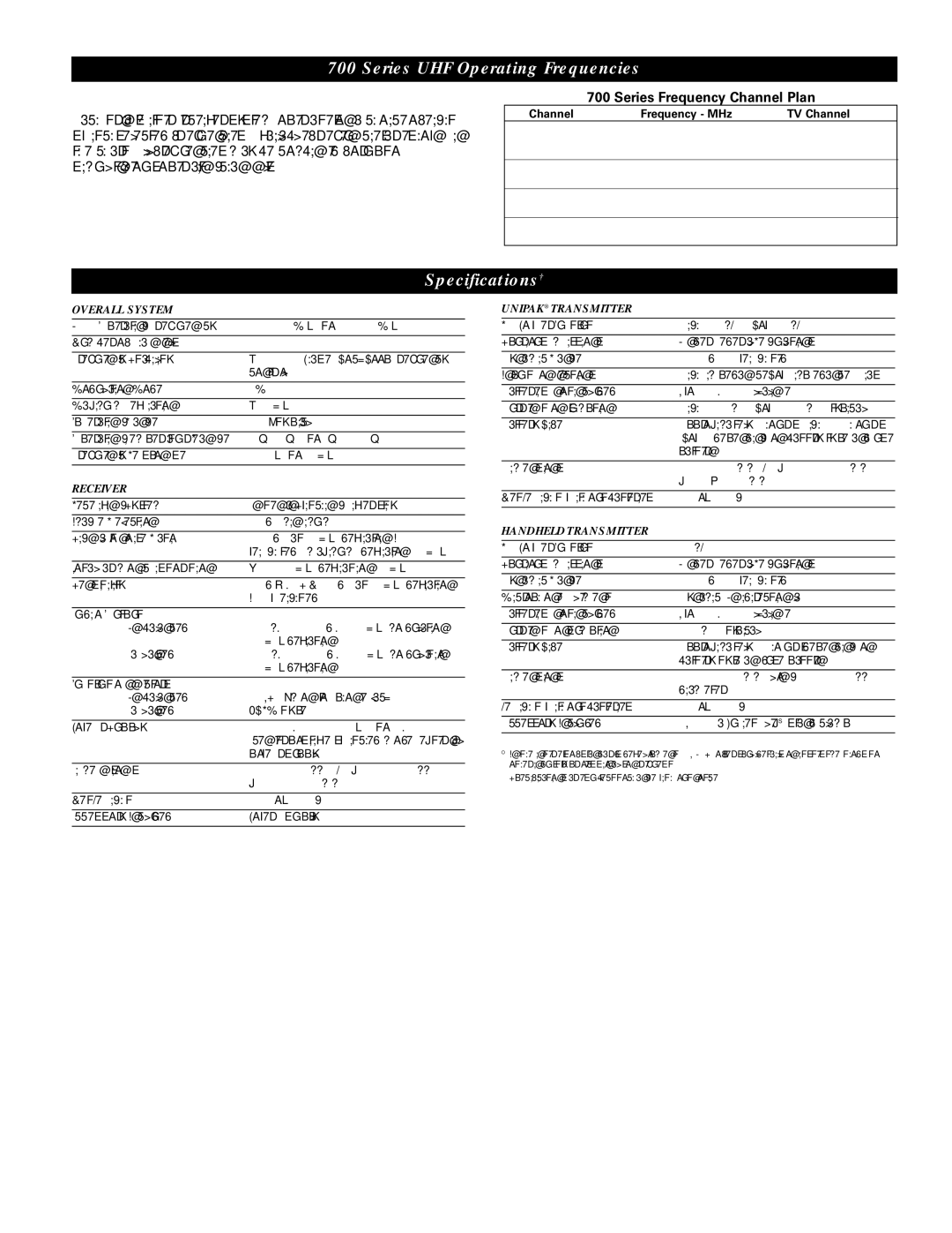 Audio-Technica ATW-702, ATW-701/H manual Series UHF Operating Frequencies, Specifications†, Series Frequency Channel Plan 