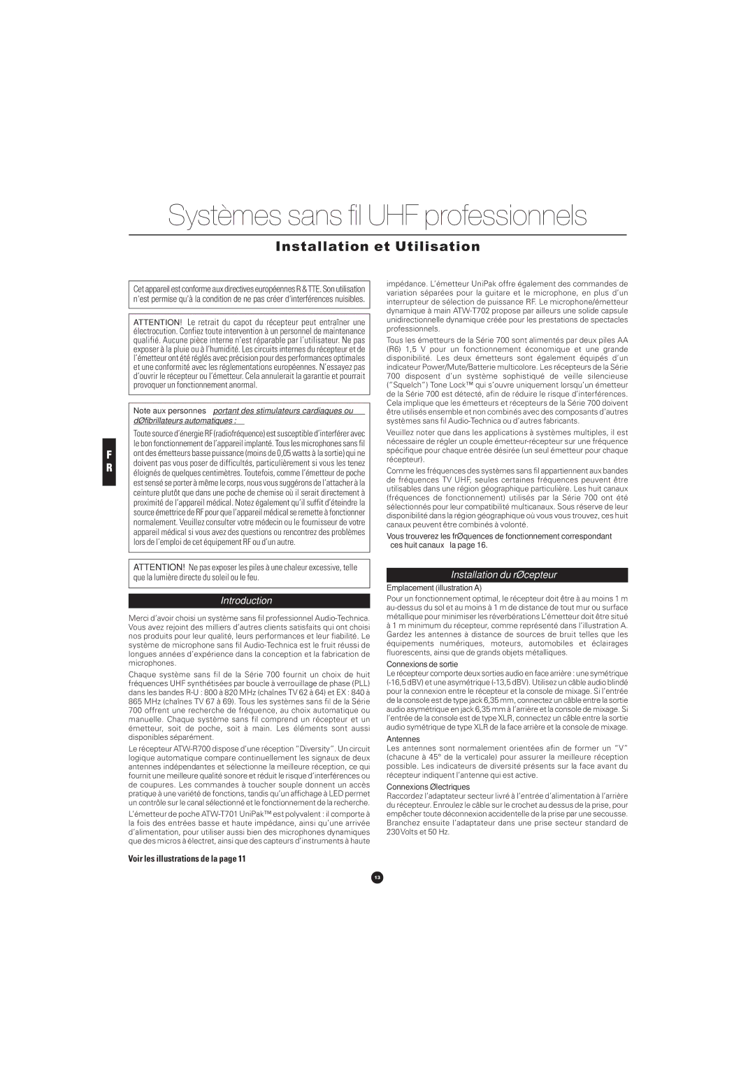 Audio-Technica ATW-701G, ATW-702 manual Installation et Utilisation, Installation du récepteur, Voir les illustrations de la 