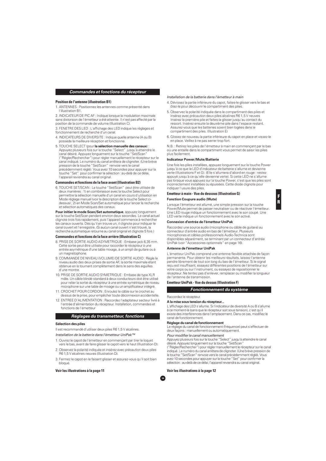 Audio-Technica ATW-701 Commandes et fonctions du récepteur, Réglages du transmetteur, fonctions, Fonctionnement du système 