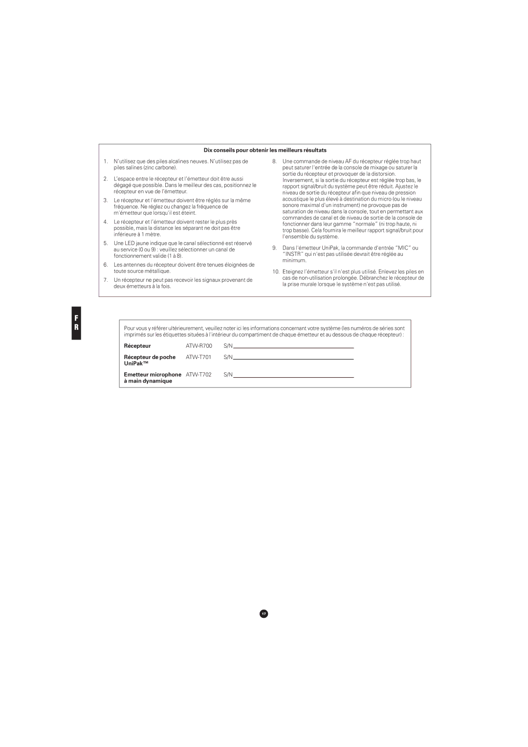 Audio-Technica ATW-701H, ATW-702, ATW-701P, ATW-701G manual Dix conseils pour obtenir les meilleurs résultats 