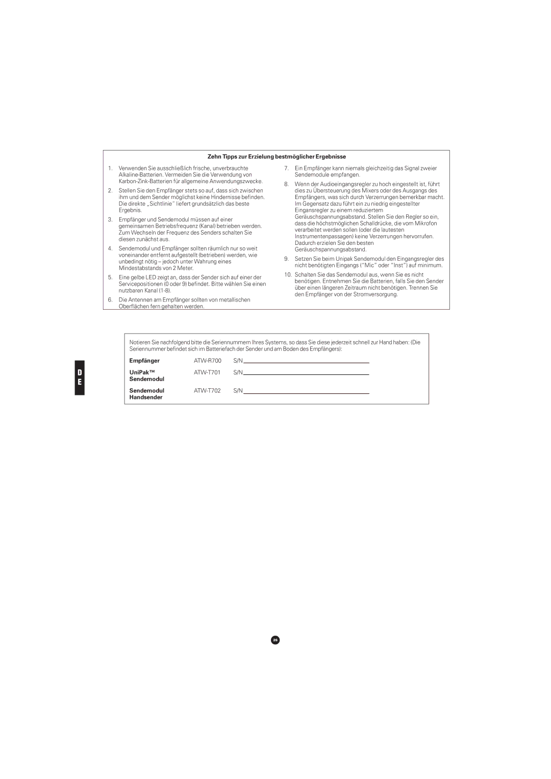 Audio-Technica ATW-701P, ATW-702, ATW-701H, ATW-701G manual Zehn Tipps zur Erzielung bestmöglicher Ergebnisse 