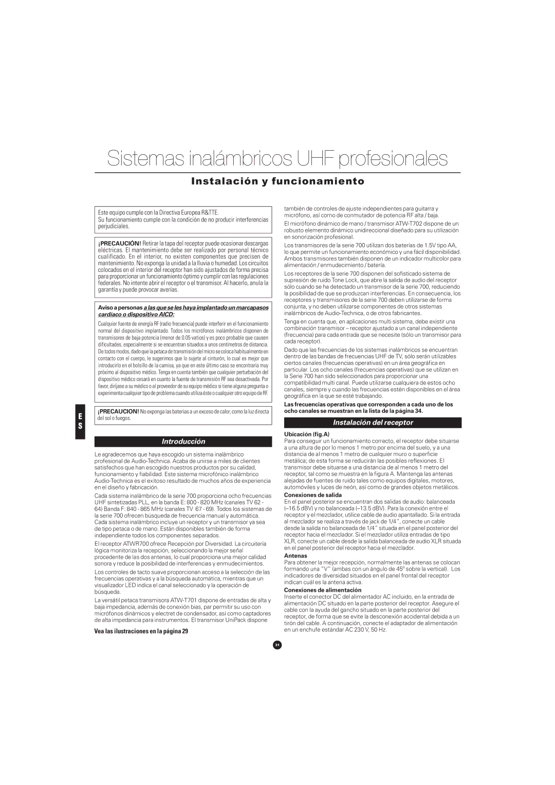 Audio-Technica ATW-701P, ATW-702, ATW-701H, ATW-701G Instalación y funcionamiento, Introducción, Instalación del receptor 
