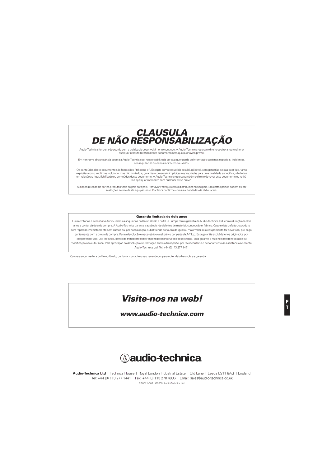 Audio-Technica ATW-702, ATW-701P, ATW-701H, ATW-701G manual Clausula DE NÃO Responsabilização 