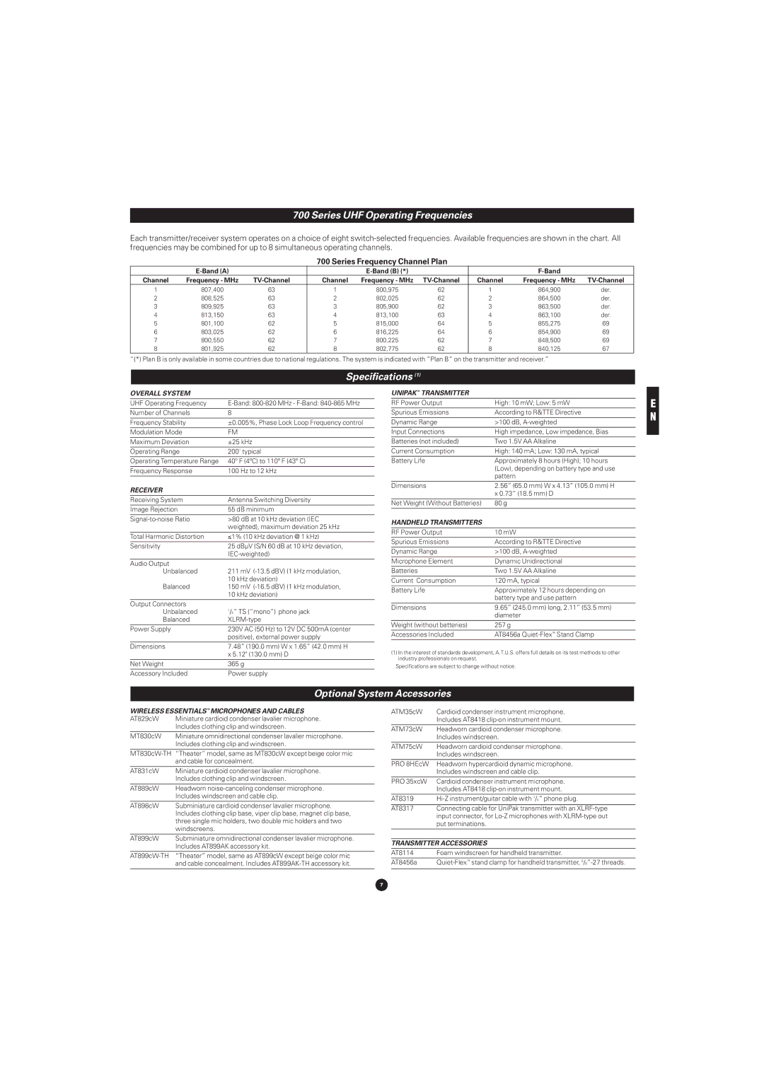 Audio-Technica ATW-701H, ATW-702, ATW-701P Series UHF Operating Frequencies, Specifications, Optional System Accessories 