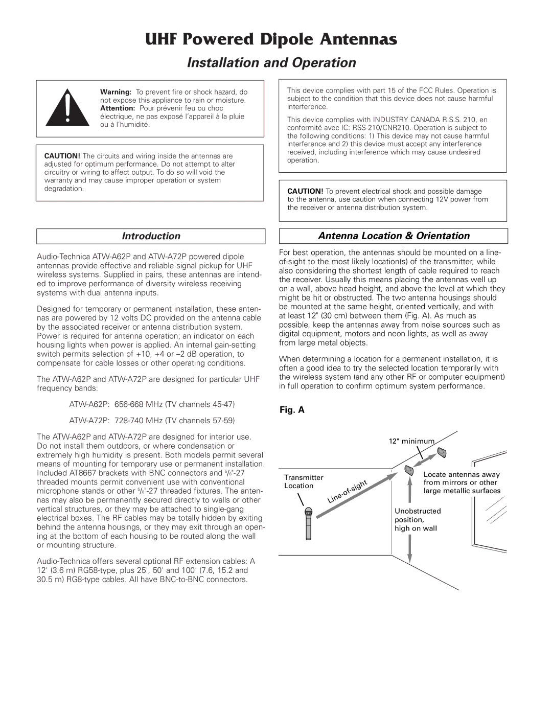 Audio-Technica ATW-A62P, ATW-A72P manual UHF Powered Dipole Antennas, Introduction Antenna Location & Orientation 