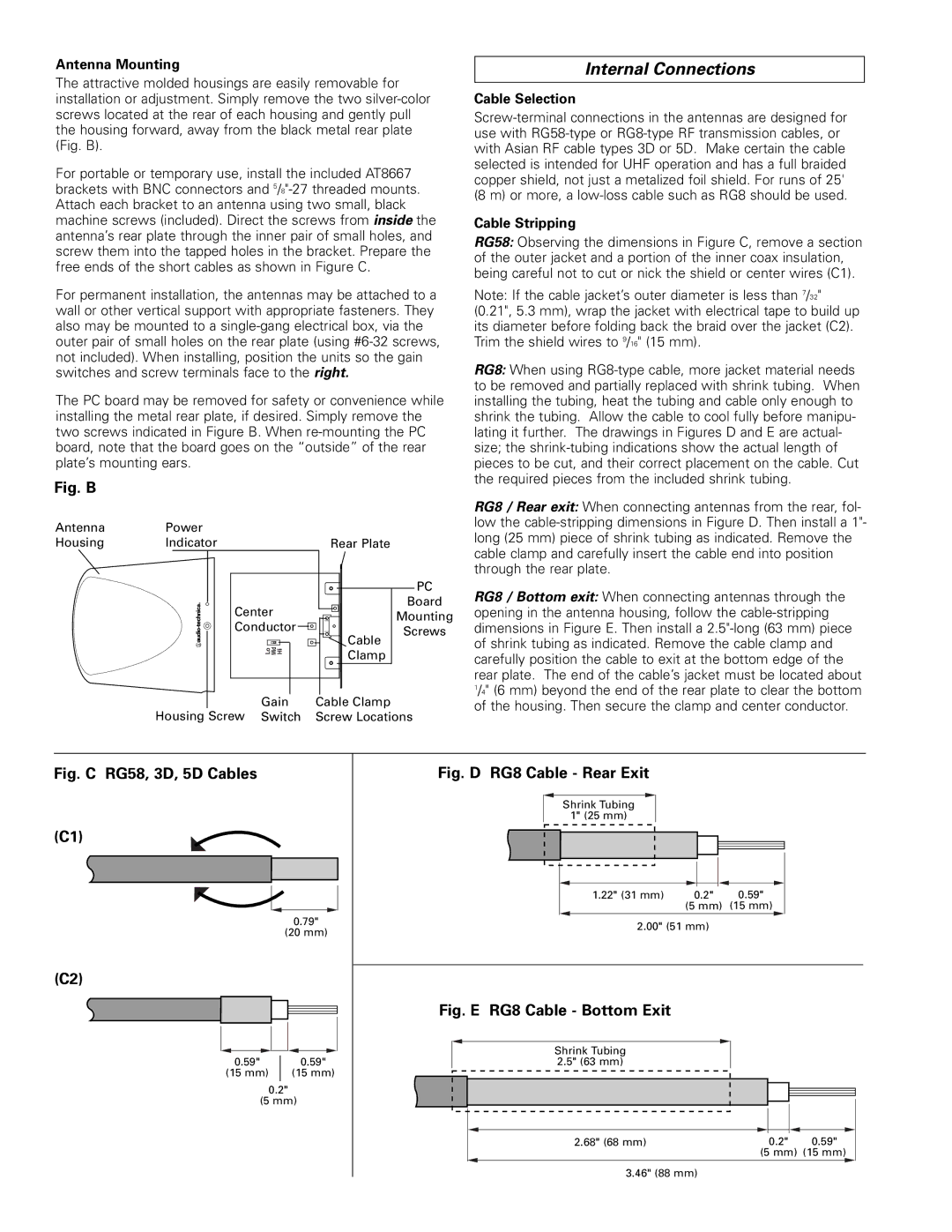 Audio-Technica ATW-A72P, ATW-A62P manual Internal Connections, Antenna Mounting, Cable Selection, Cable Stripping 