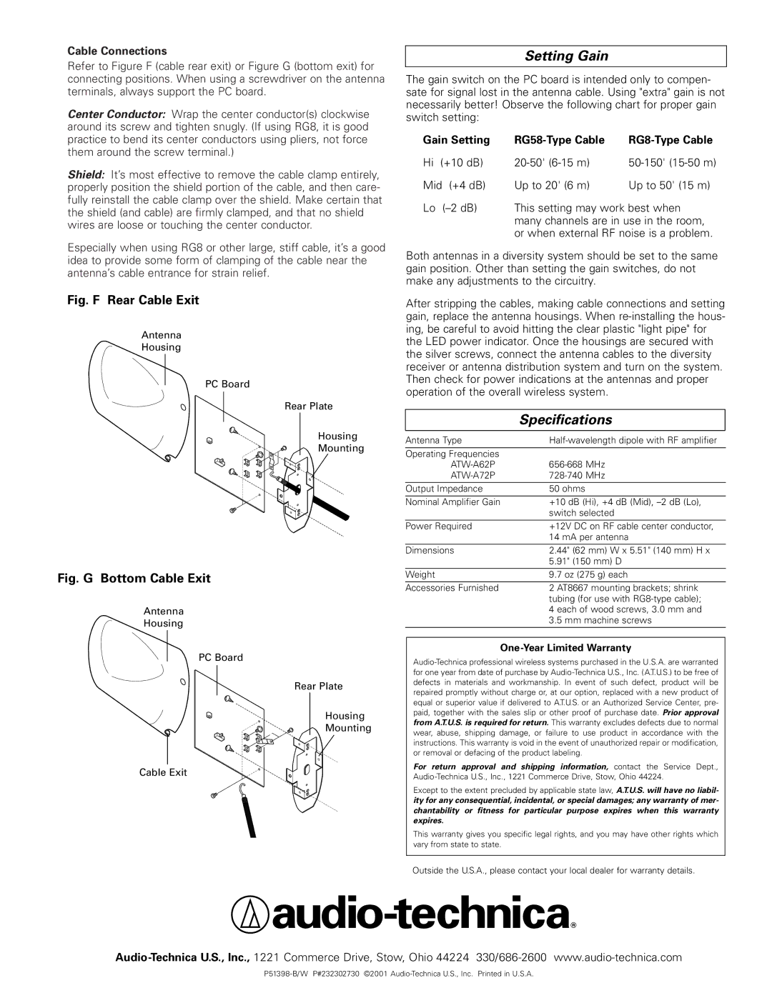 Audio-Technica ATW-A62P manual Setting Gain, Specifications, Cable Connections, Gain Setting RG58-Type Cable RG8-Type Cable 