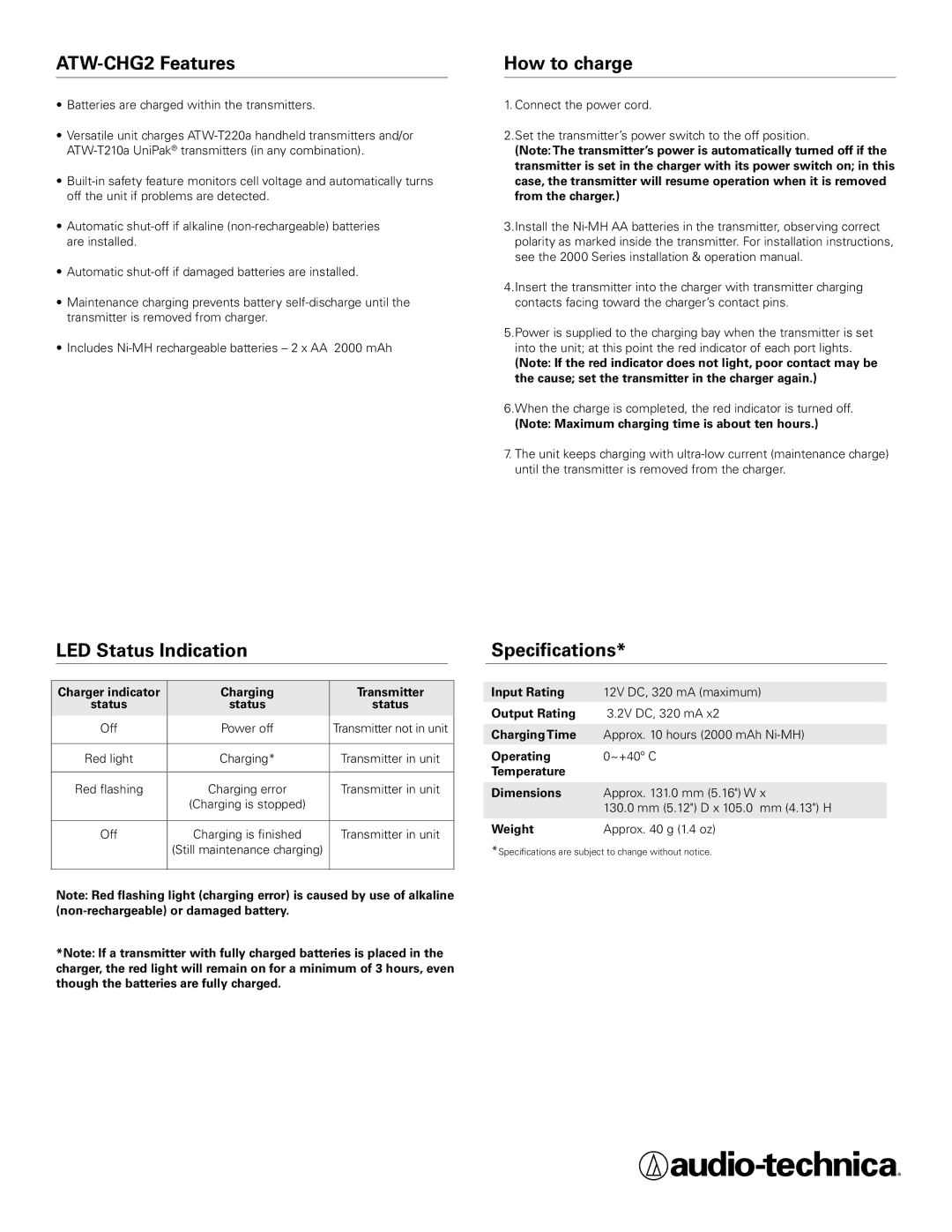 Audio-Technica user service ATW-CHG2 Features, How to charge, LED Status Indication, Specifications 