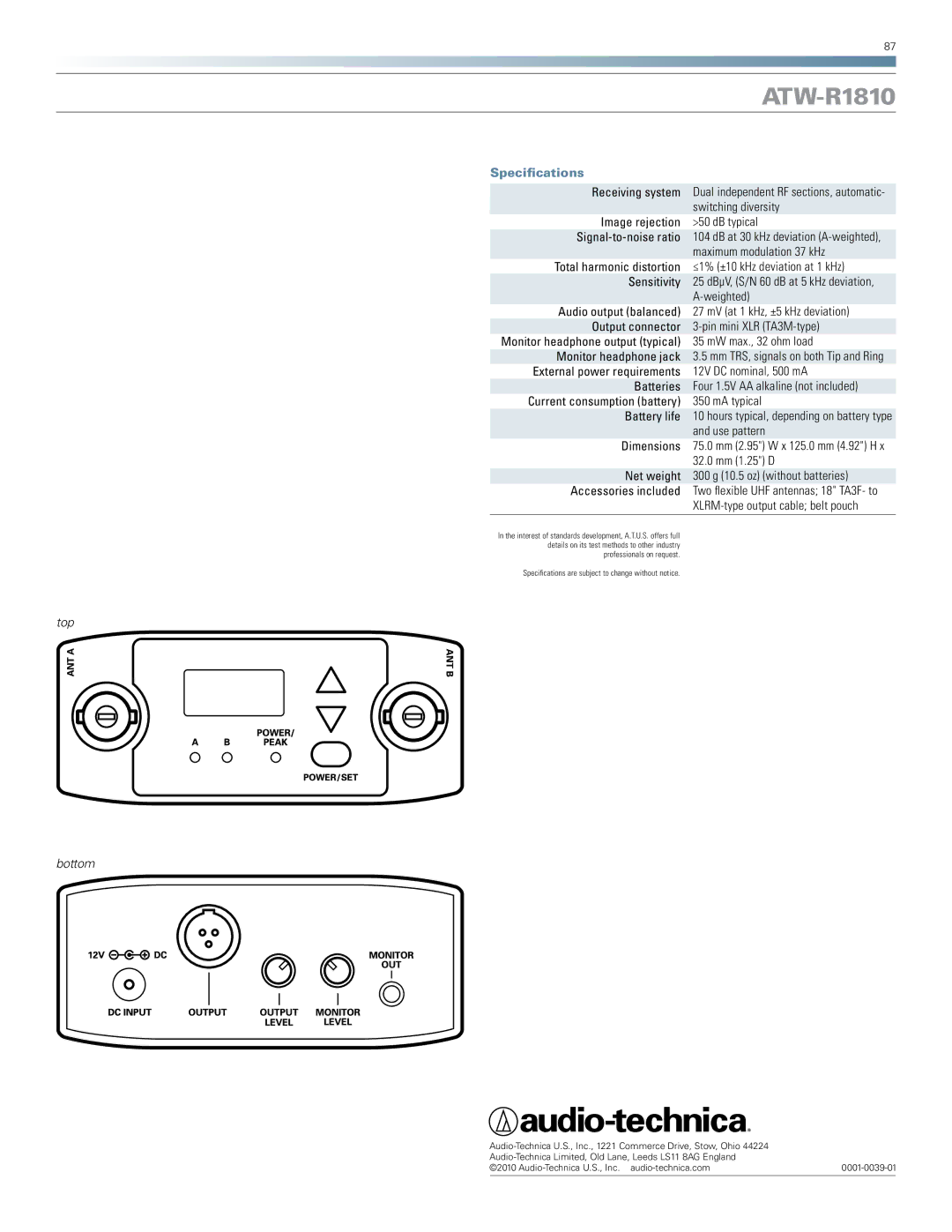 Audio-Technica ATW-R1810 manual Specifications, Top Bottom 