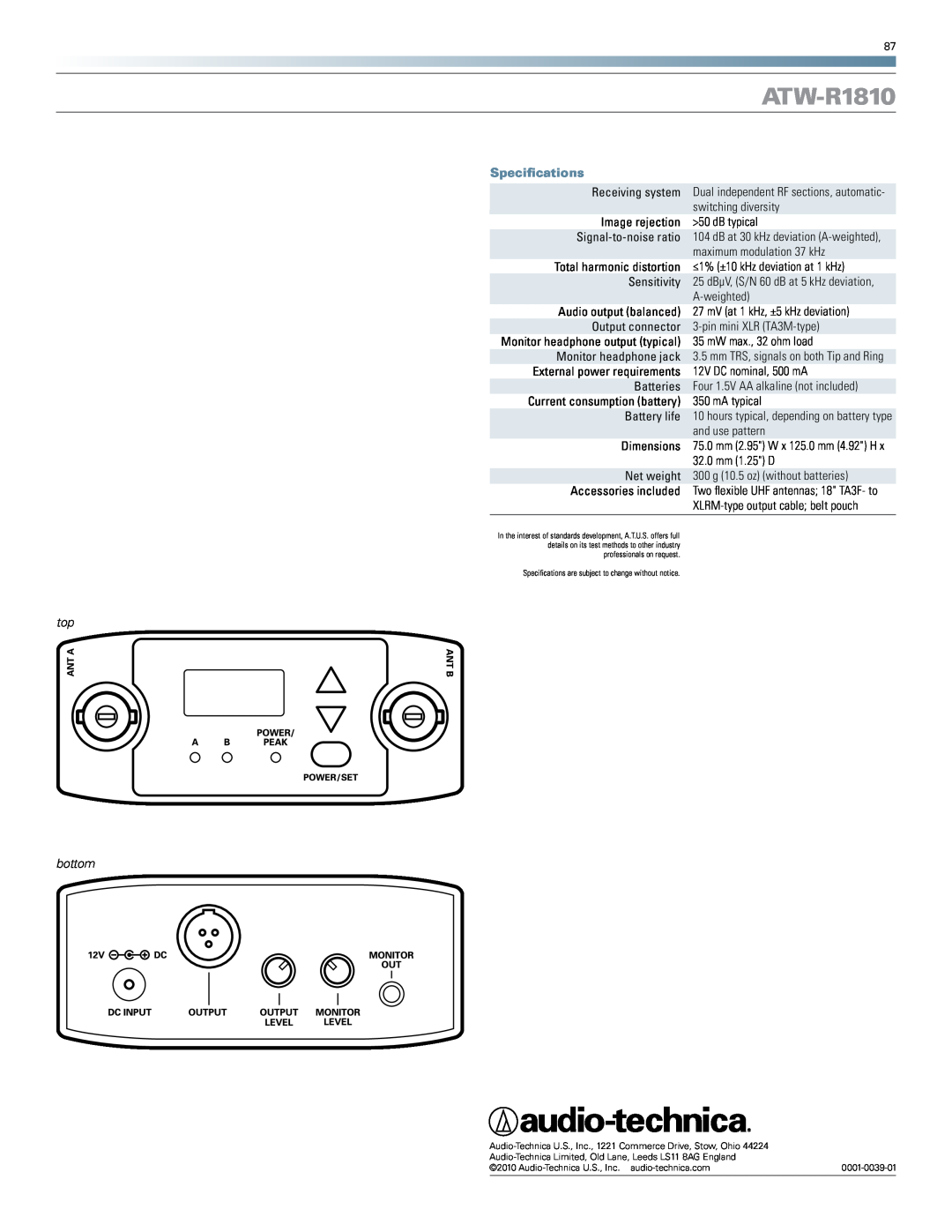 Audio-Technica ATW-R1810 manual Specifications, top bottom 