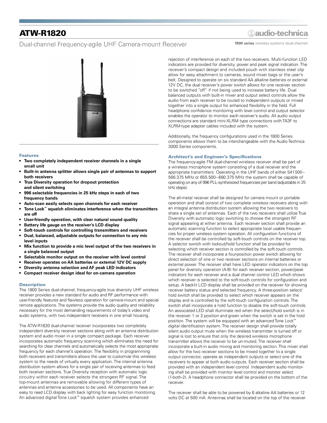 Audio-Technica ATW-R1820 manual Dual-channel Frequency-agile UHF Camera-mount Receiver, Features, Description 