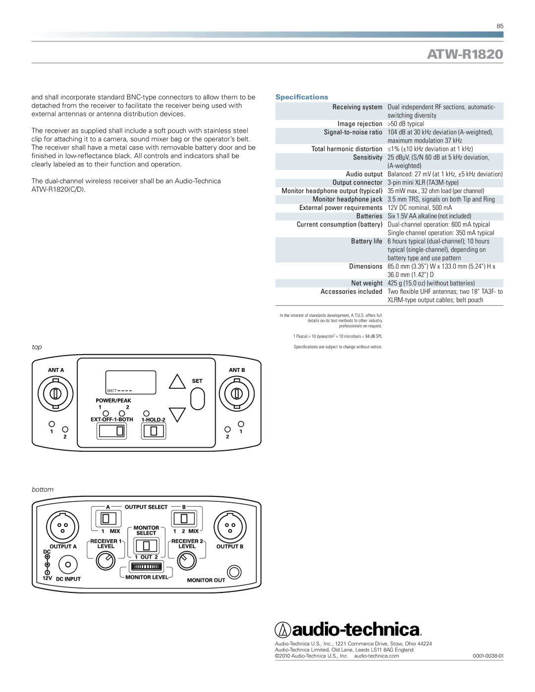 Audio-Technica ATW-R1820 manual Top, Specifications, Bottom 