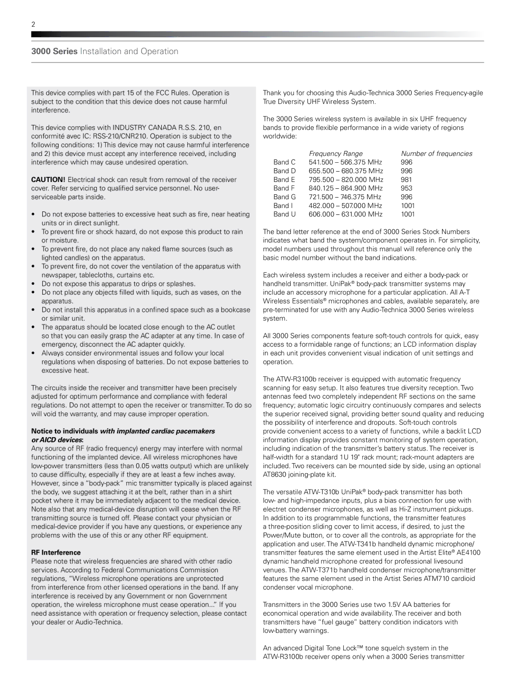 Audio-Technica ATW-R3100b manual Series Installation and Operation 