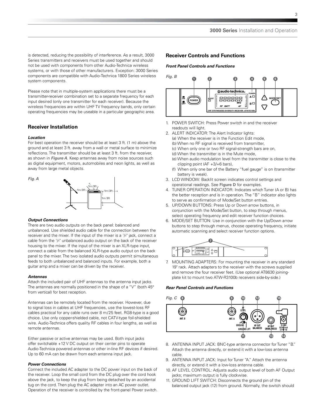 Audio-Technica ATW-R3100b manual Receiver Installation, Receiver Controls and Functions 