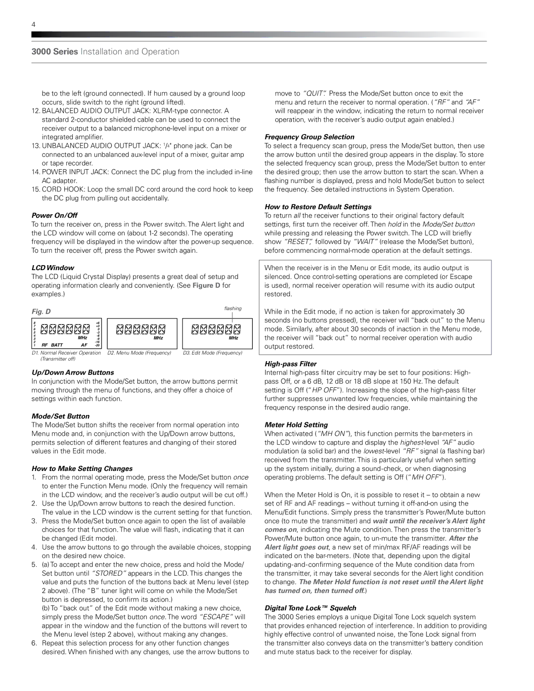 Audio-Technica ATW-R3100b Power On/Off, LCD Window, Up/Down Arrow Buttons, Mode/Set Button, How to Make Setting Changes 