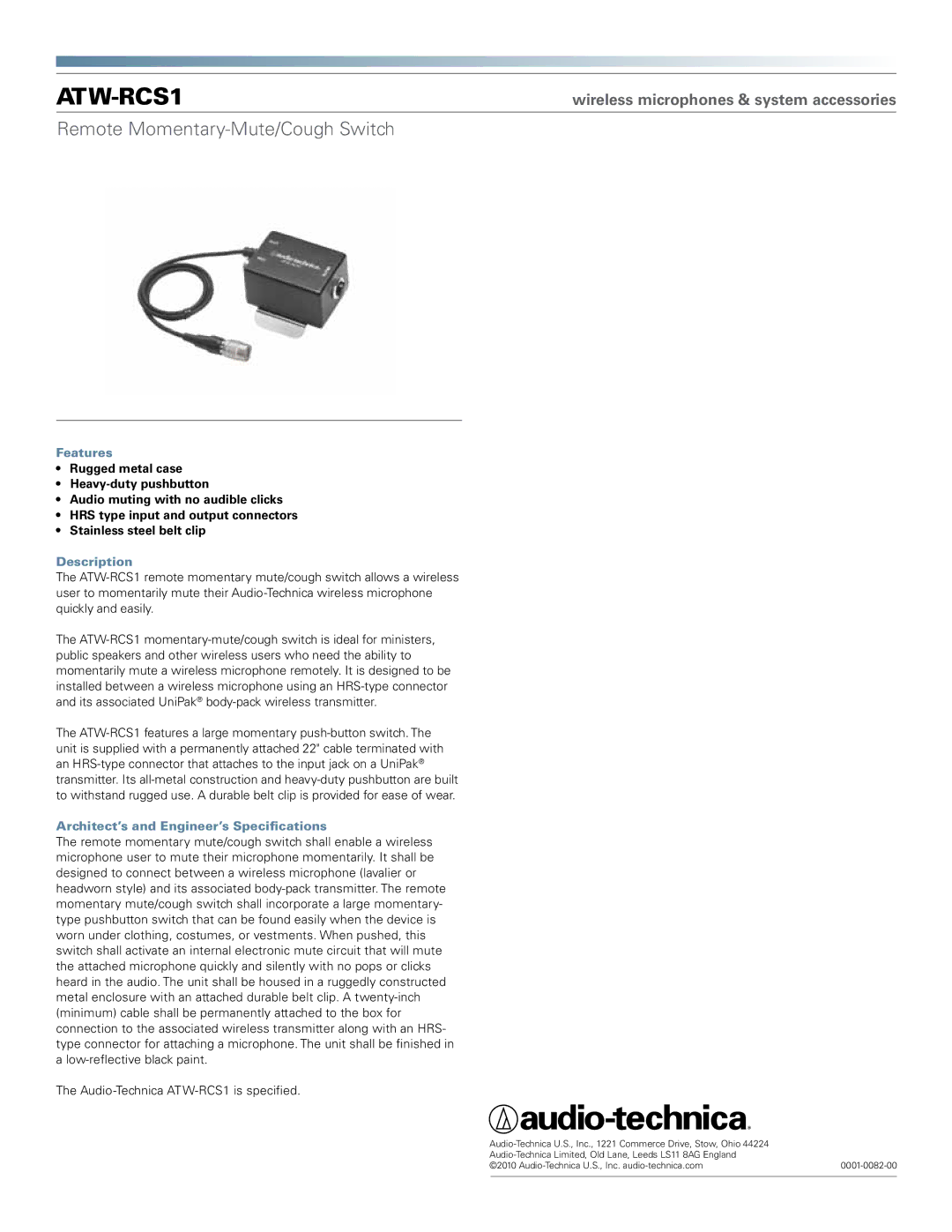 Audio-Technica ATW-RCS1 manual Remote Momentary-Mute/Cough Switch, Features, Description 