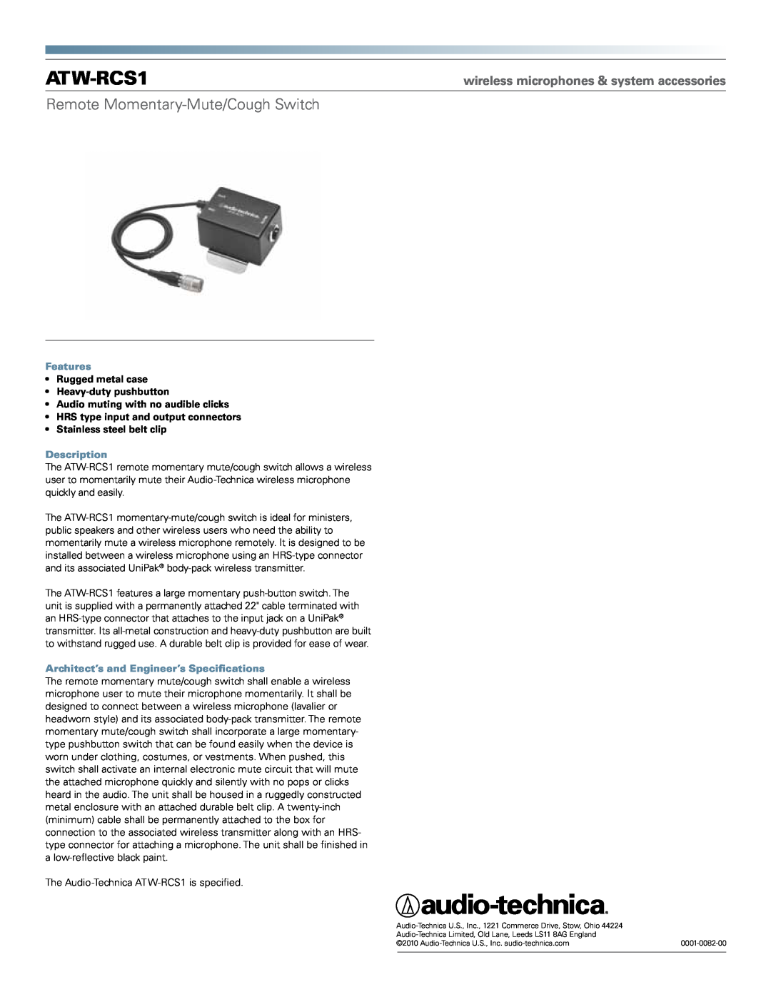 Audio-Technica ATW-RCS1 manual Remote Momentary-Mute/Cough Switch, wireless microphones & system accessories, Features 