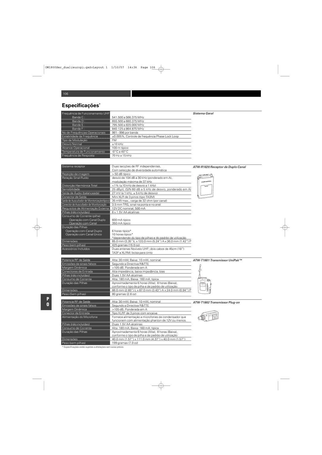 Audio-Technica ATW-T1820 Especificações, Sistema Geral, ATW-R1820 Receptor de Duplo Canal, ATW-T1802 Transmissor Plug-on 
