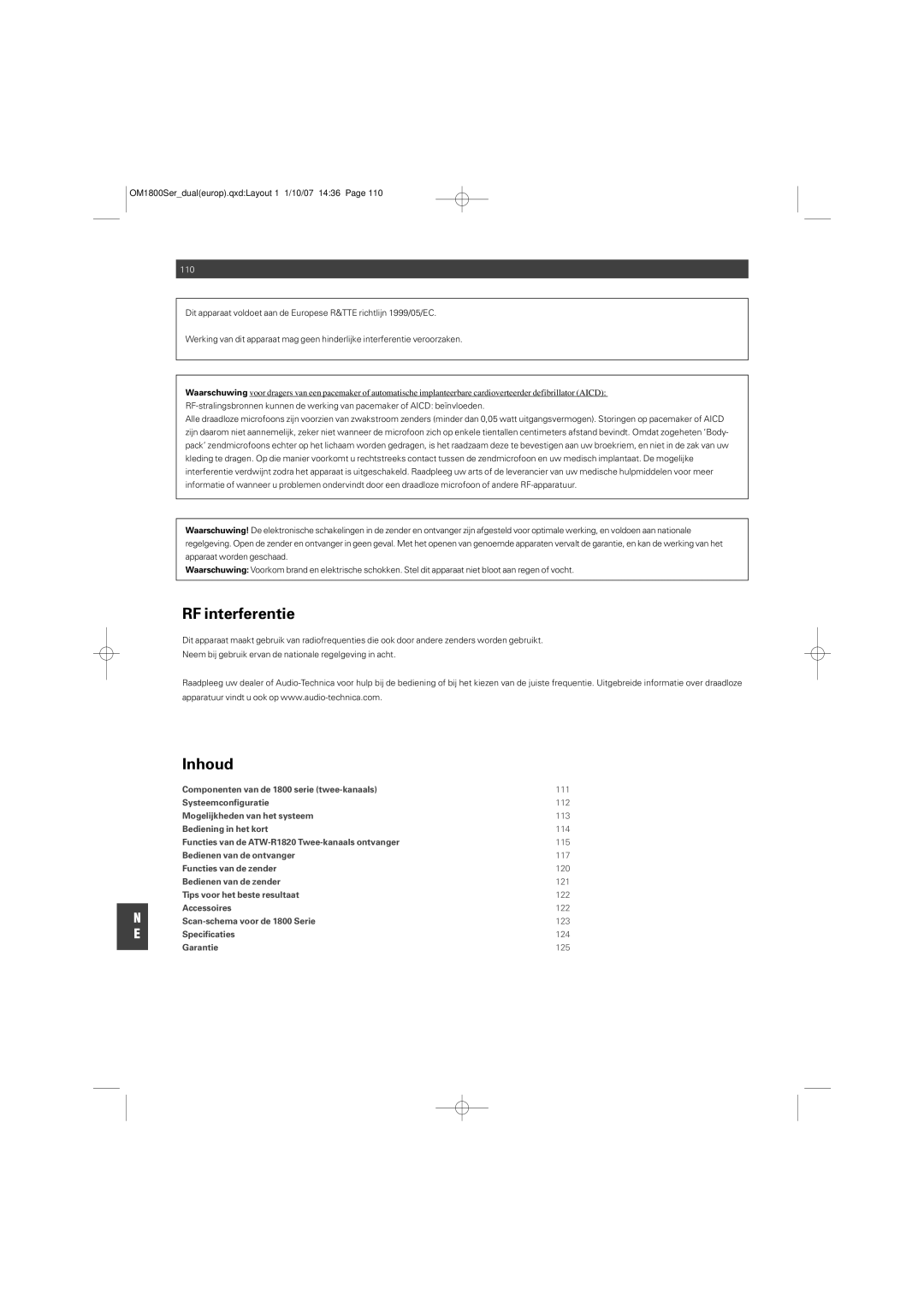 Audio-Technica ATW-T1820 manual RF interferentie, Inhoud 