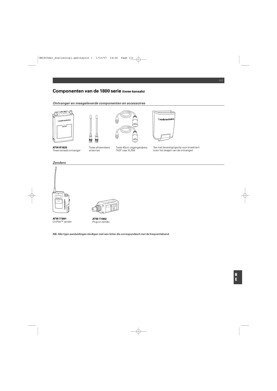 Audio-Technica ATW-T1820 manual Componenten van de 1800 serie twee-kanaals, Twee afneembare Twee 45cm uitgangskabels 